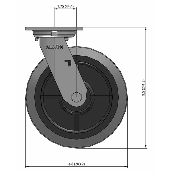 Side view drawing of caster with dimensions